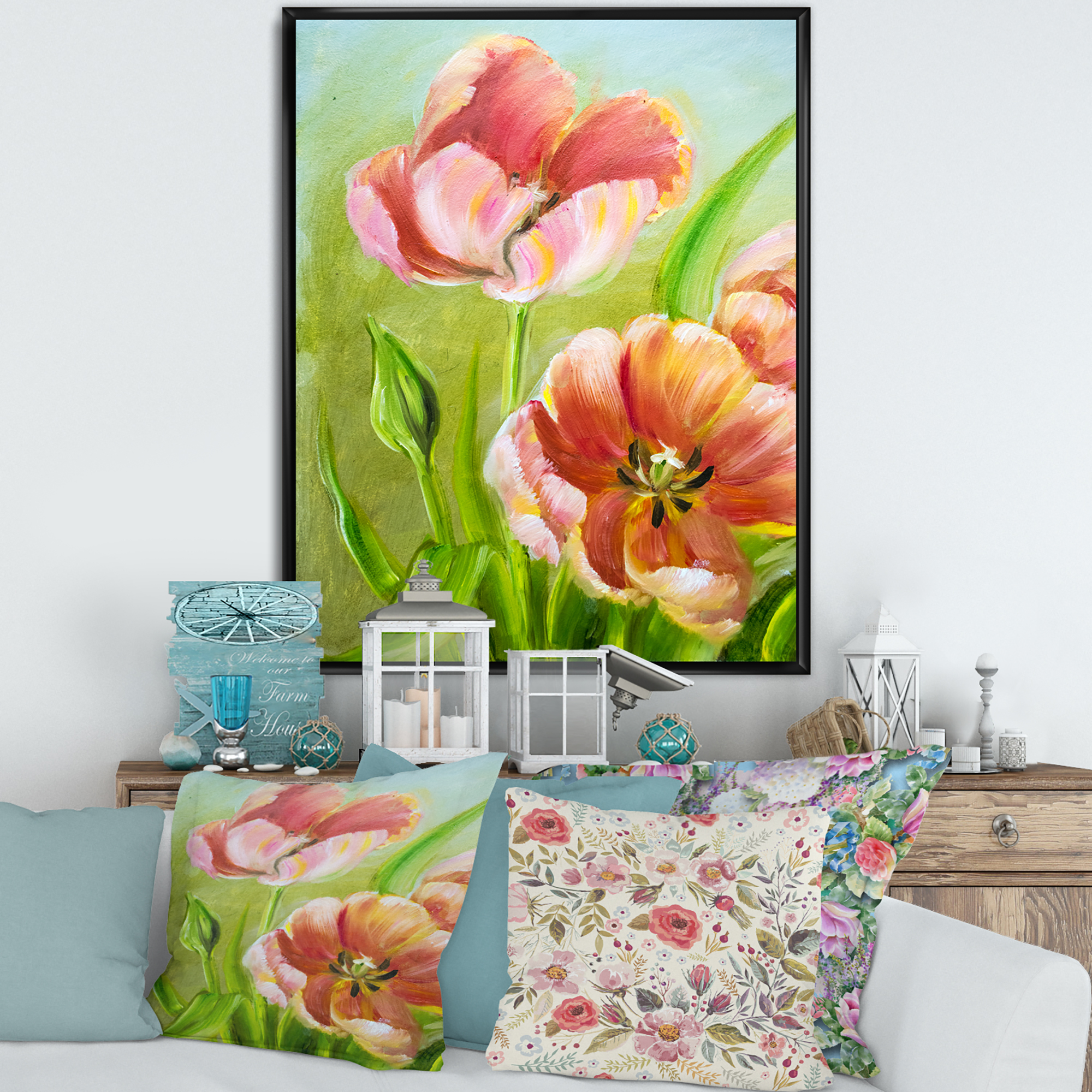 Designart 'Ancient Red Tulips Flowers III' Traditional Framed Canvas Wall Art Print