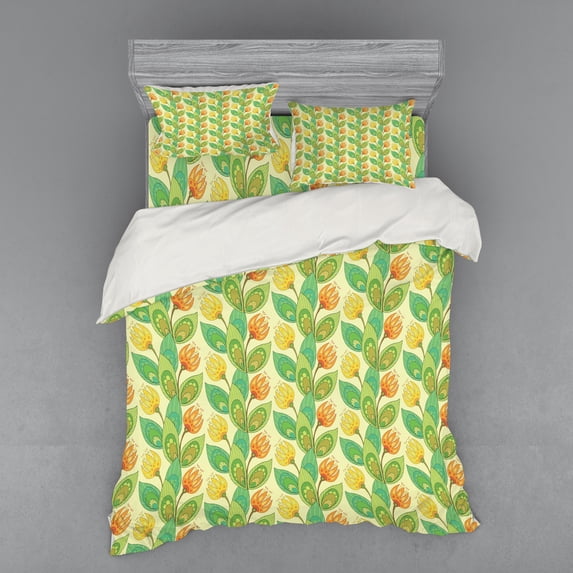 Flower Duvet Cover Set, Pastel Colored Fresh Blooming Foliage Design with Hand Drawn Flourishing Branches, Bedding Set with Shams and Fitted Sheet, 3 Sizes, by Ambesonne