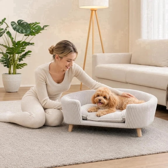 Elevated Pet Sofa Bed for Dogs and Cats, Cozy Couch with Solid Rubber Wood Legs and Supportive Foam, Beige, Easy Assembly