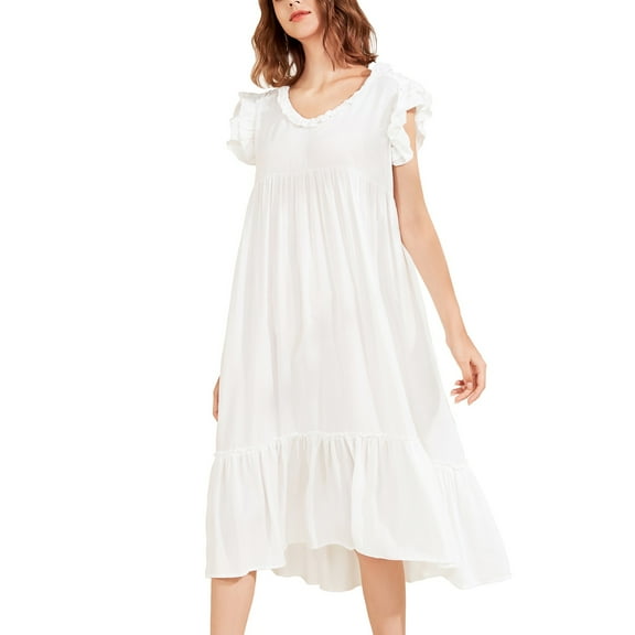 Defitshape Women's Victorian Sleep Dress Vintage V Neck Nightgown Mid-length Ruffle Sleeve Sleeveless Cotton Lounge Dresses Flowy Swing White X-Large