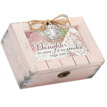 6" Plush Pink and Green Distressed Rectangular "Daughter" Printed Musical Box