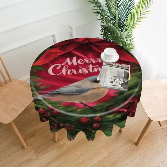 RKSupls 60 Inch Round Tablecloth, Christmas Wreath Bird Premium Polyester Straight Edge Wrinkle Resistant Washable Table Cover for Party Home Dining Decor
