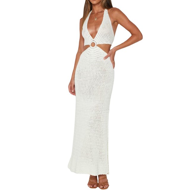 VISgogo Vestido Casual para Mujer, Color Sólido Sin Mangas Sin Espalda Slim-Fit Split Halter Vestido Largo VISgogo moda