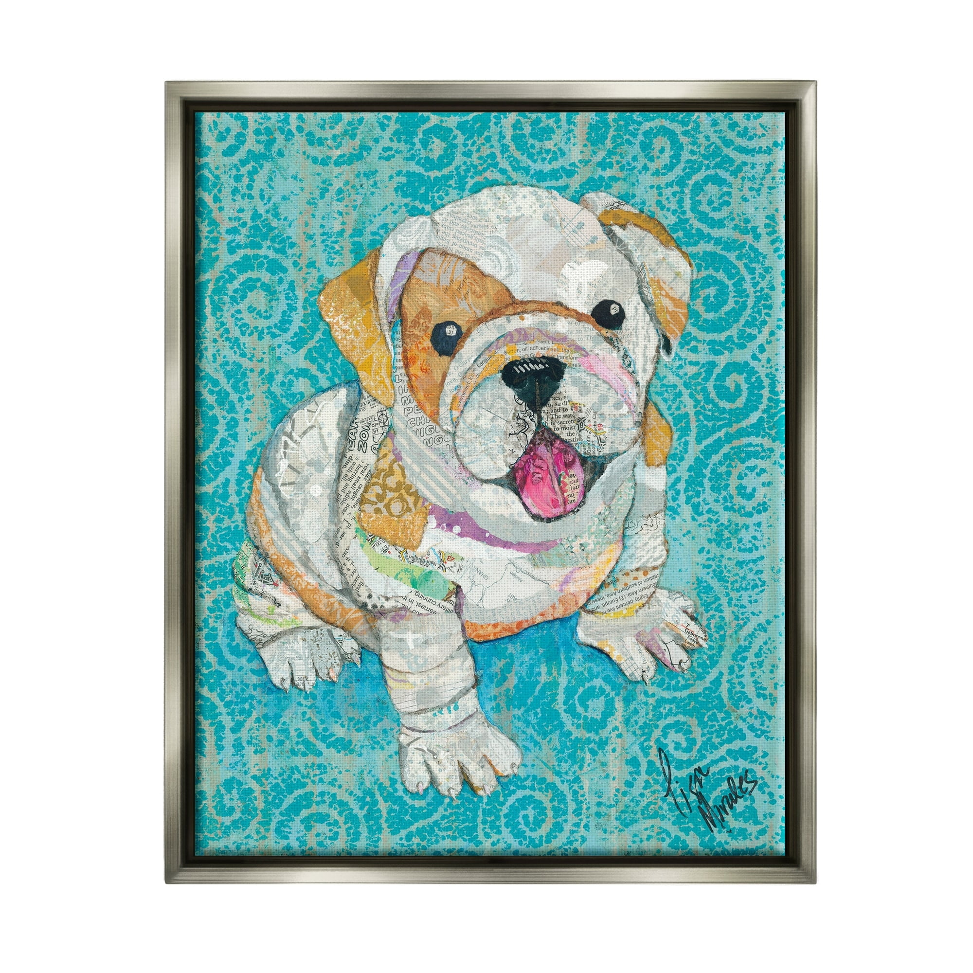 Stupell Industries Puppy Dog Swirl Pattern Mixed Ephemera Collage Painting Luster Gray Floating Framed Canvas Print Wall Art, Design by Lisa Morales