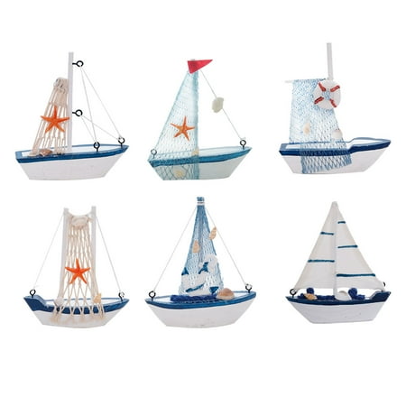 

6pcs Wooden Sailboat Model Ornament Mediterranean Fishing Boat Style Wooden Craft for Home Table Decoration