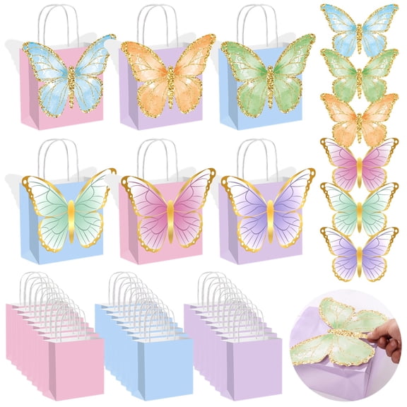 24 Pcs Butterfly Party Favor Bags, Gift Bags with Handles, 7.1x7.1x3.3 in Goodie Bags, 9.8x7.3 in Butterflies, Paper Birthday Party Supplies for Gifts, Treats