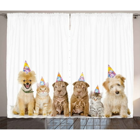Birthday Decorations For Kids Curtains 2 Panels Set Shelter Dogs Terrier Cats With Cone Hats Party Theme Image Window Drapes For Living Room