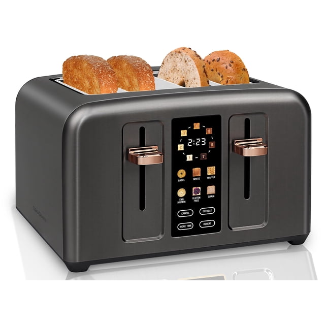 SEEDEEM tostador de 4 rebanadas, tostador con control táctil completo, visualización LCD, 6 tipos de pan, 7 ajustes de sombra, ranuras de 1.4 pulgadas de ancho, función más hora, bandeja extraíble