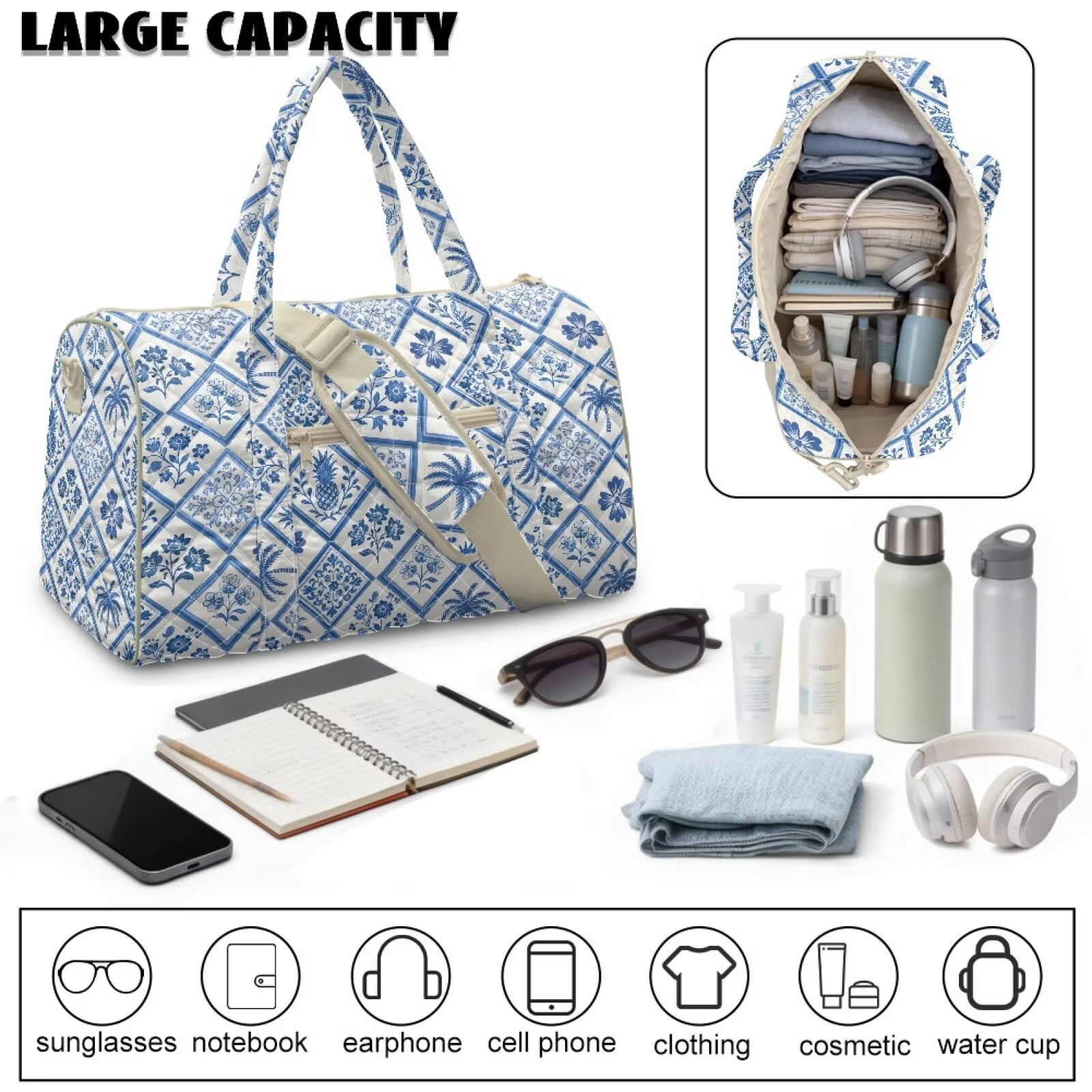 Pzuqiu Blue Floral Quilted Weekender Bag for Women Polyester Fabric Large Capacity Puffer Travel Duffle Carry On Tote with Luggage Sleeve for Gym Overnight Trips Versatile