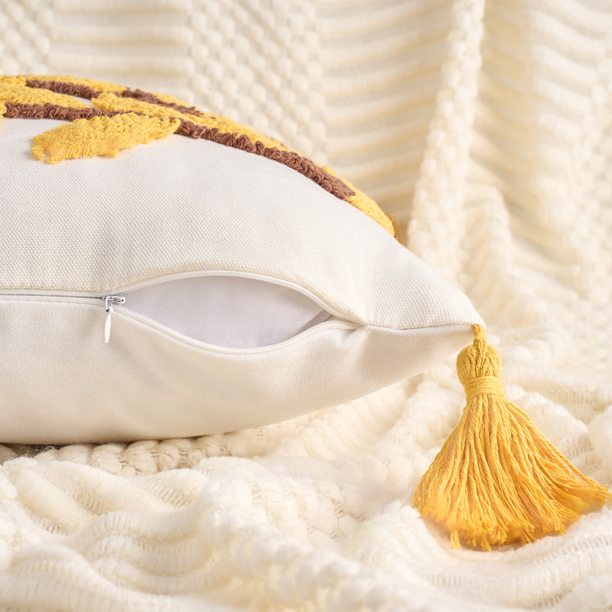 Unique Bargains Boho Pillow Cover with Tassels Set of 2 Yellow Small Leaves 18" x 18"