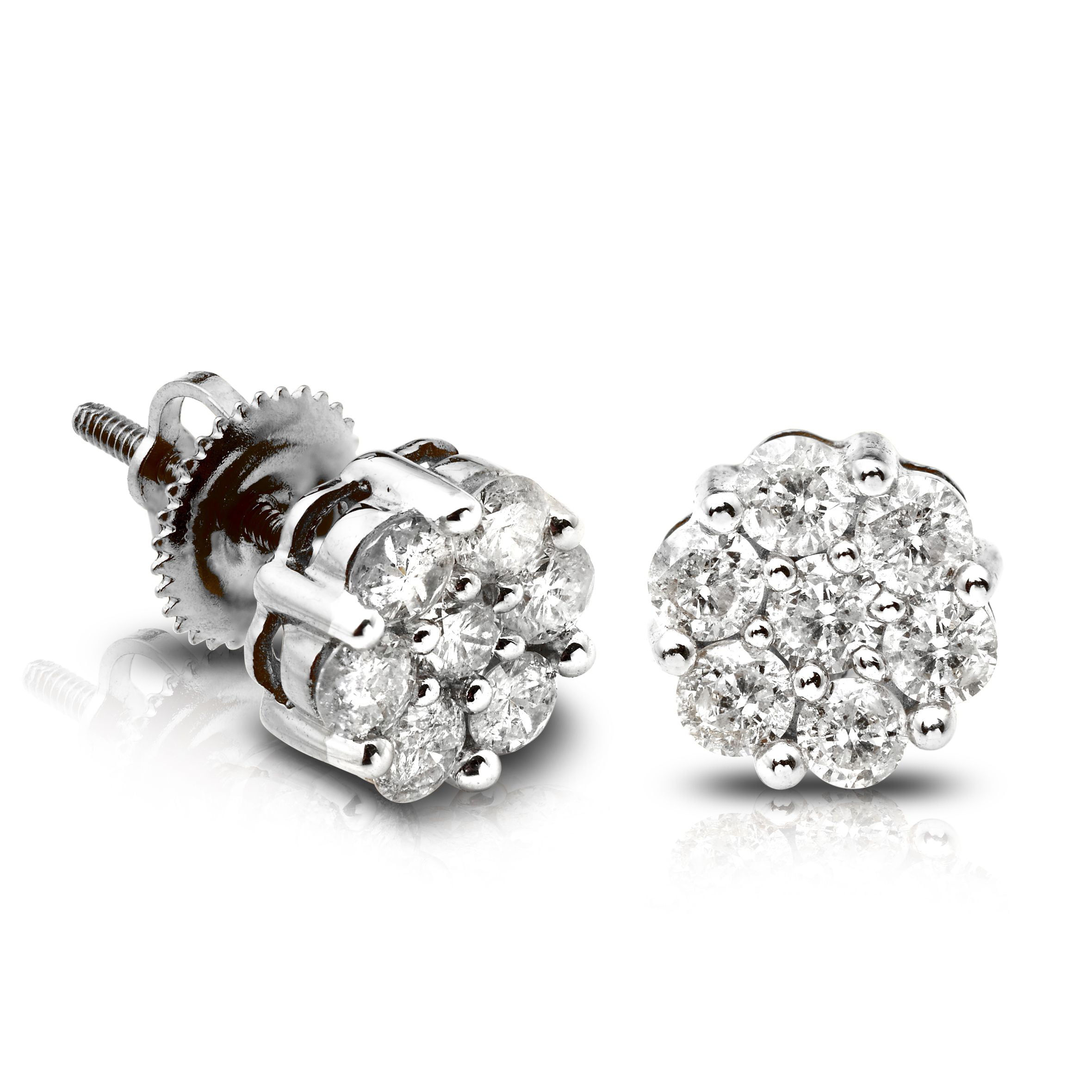 LoveBling 10K White Gold 0.15 Carats (ctw) Diamond Flower Cluster Earrings 0.14" Diameter
