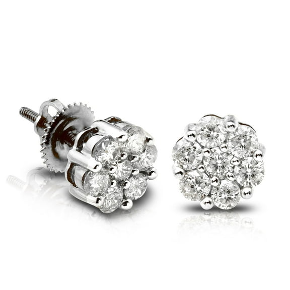 LoveBling 10K White Gold 0.20 Carats (ctw) Diamond Flower Cluster Earrings 0.18" Diameter