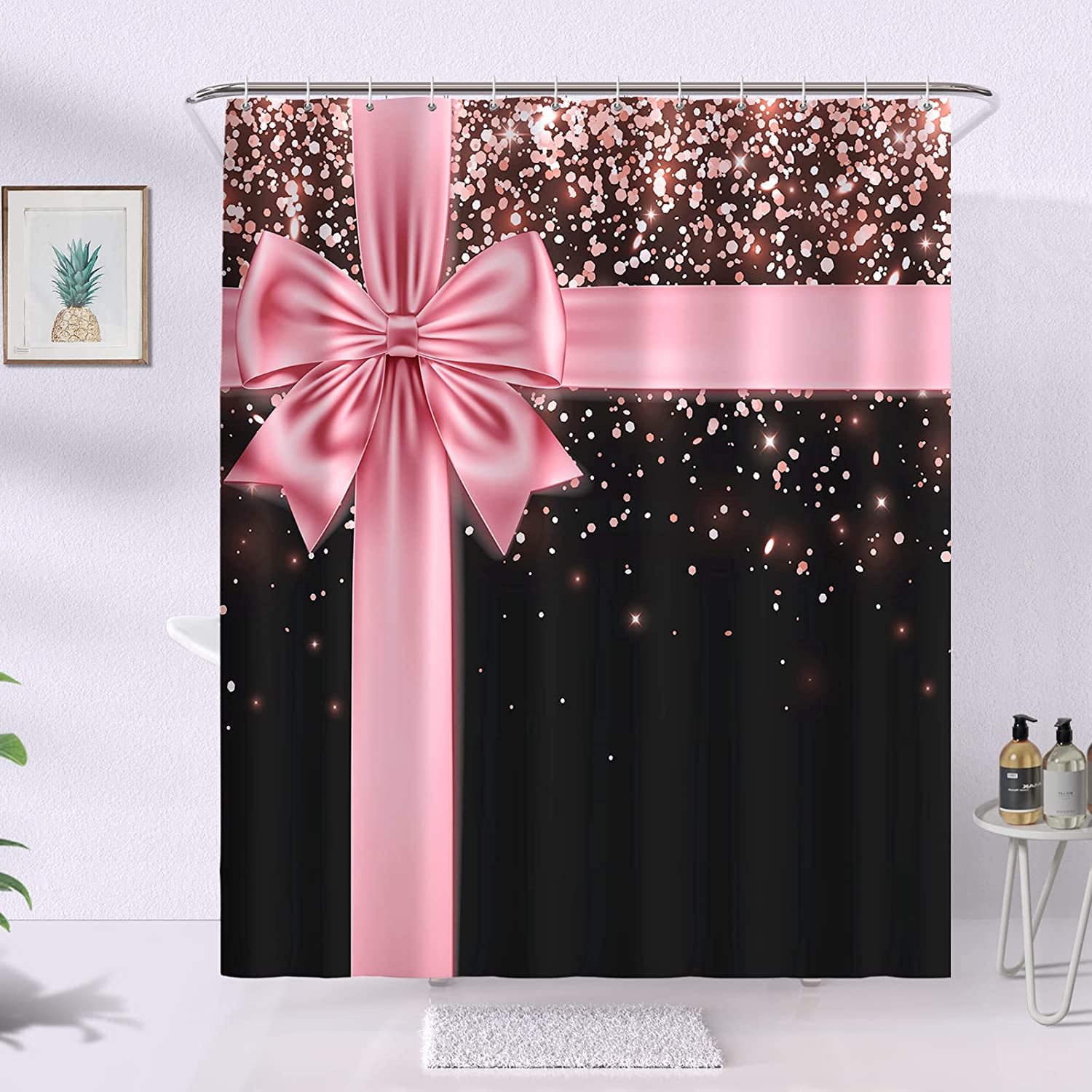 Rose Gold Glitter Bling Shower Curtain,Pink Bow Shower Curtain Bathroom Decor for Women Girl with 12 Hooks Christmas Birthday Elements Washable Durable Polyester Fabric 72x72 Inches