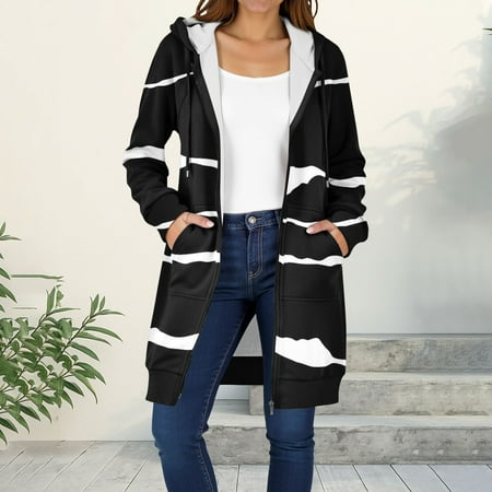 UPPADA Long Hoodies for Women Plus Size Zipper Fleece Sweatshirts Oversized Fall Fleece Jacket Knee Length Hooded Coat with Pockets Black XL Fleece Jacket Womens Full Zip