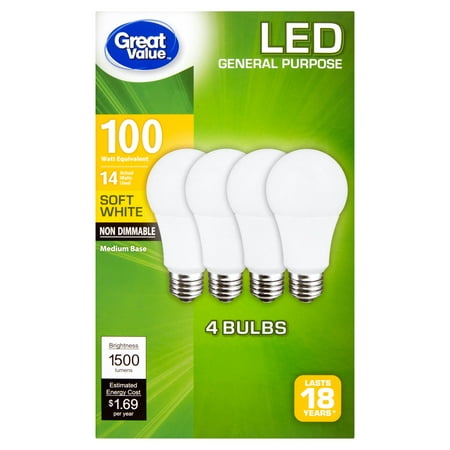 Great Value LED Light Bulbs, 14W (100W Equivalent),Soft White,
