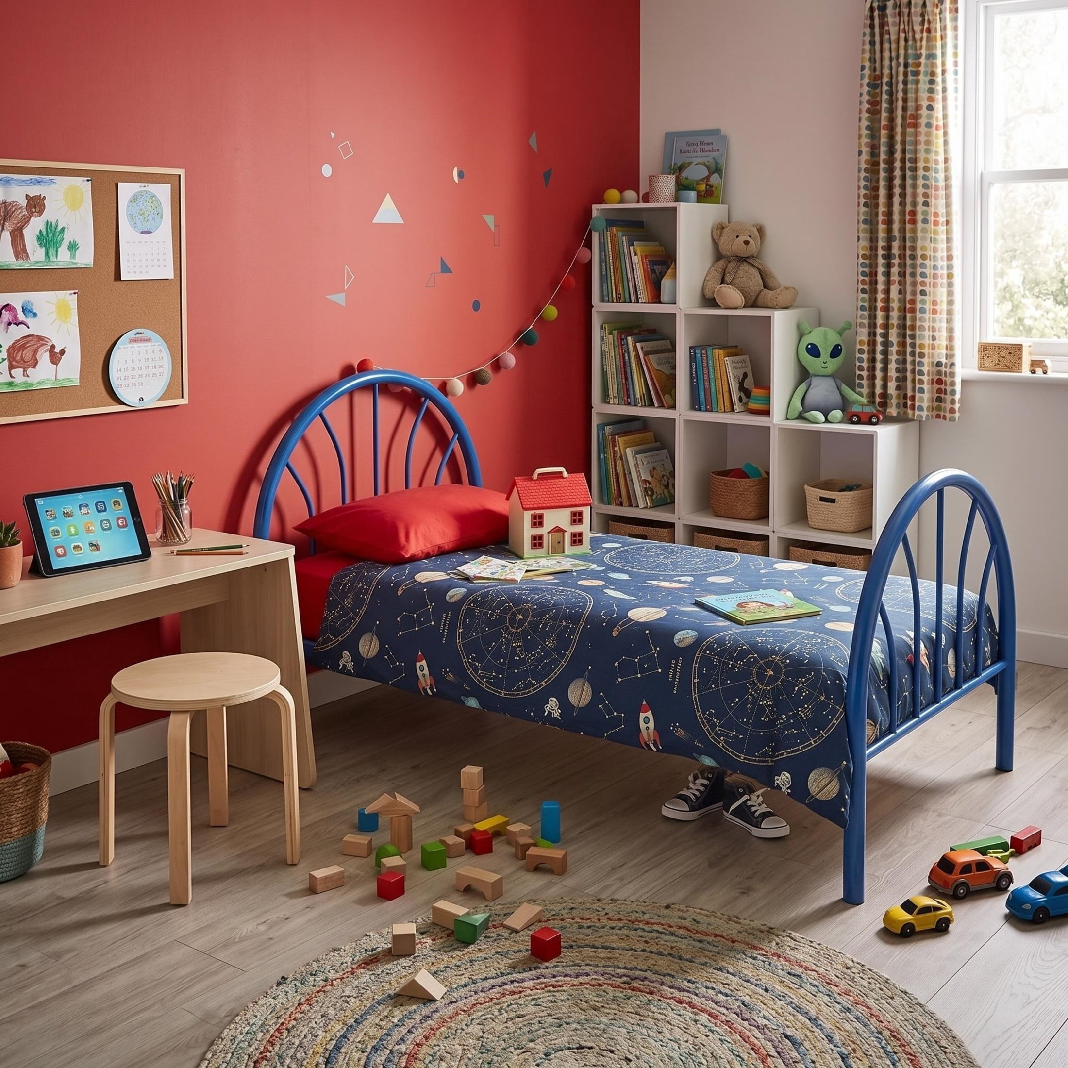 GDF Studio 79" Twin Heavy-Duty Metal Platform Bed with 16 Support Slats, Arched Headboard, Blue