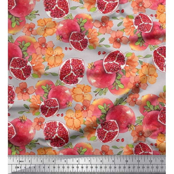 Soimoi polyester Crepe Fabric Leaves,Floral & Pomegranate Fruits Print Fabric by the Yard 52 Inch Wide