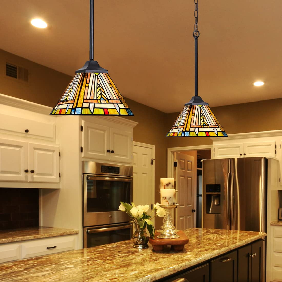 Tiffany 8'' Mini Pendant Light Fixtures Hanging Lamp 1 Light Mission Style Stained Glass Lamp Hanging Lights