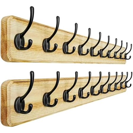 Coat Rack Wall: 38-1/4 Long Patented Heavy-Duty 10-Double-Hooks Wooden Wall Mounted Coat Rack Coat Hanger Hook Rail for Winter Coats Hat Jacket Clothing Light Brown Pack of 2
