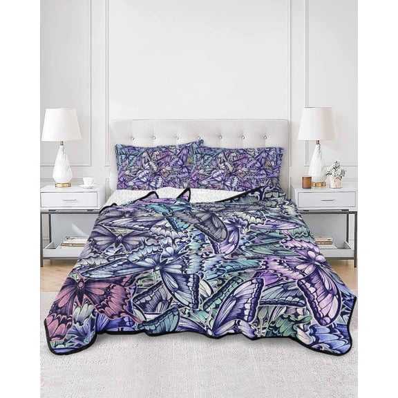 Quilts Twin Size, Purple Blue Teal Butterfly Soft Comforter Bedding Set for Bed, Modern Abstract Art Lightweight Quilted Bedspread with Pillow Cover(2 Pieces) for All Season, 68x86 Inch