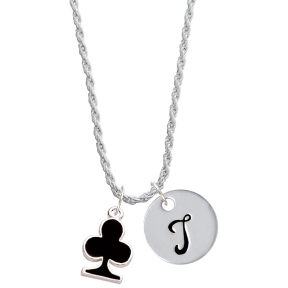 Delight Jewelry Silvertone Card Suit - Black Club Silvertone Script Initial Disc - T - Charm Necklace, 20"+3"