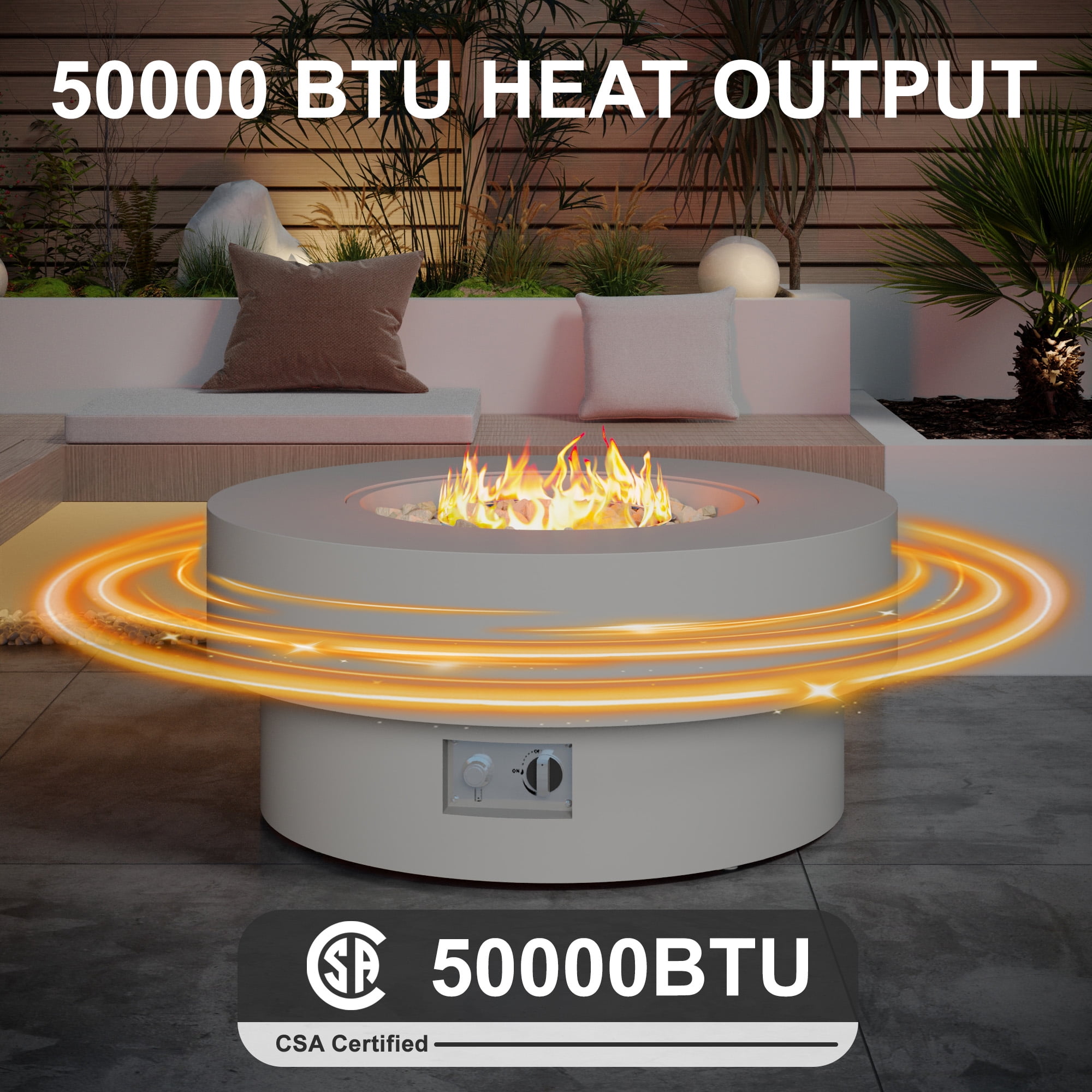 HongTaoK 32.5" Round Propane Free Fire Pit, 50K BTU Magnesium Oxide Outdoor Heater with Lava Rock, Gray