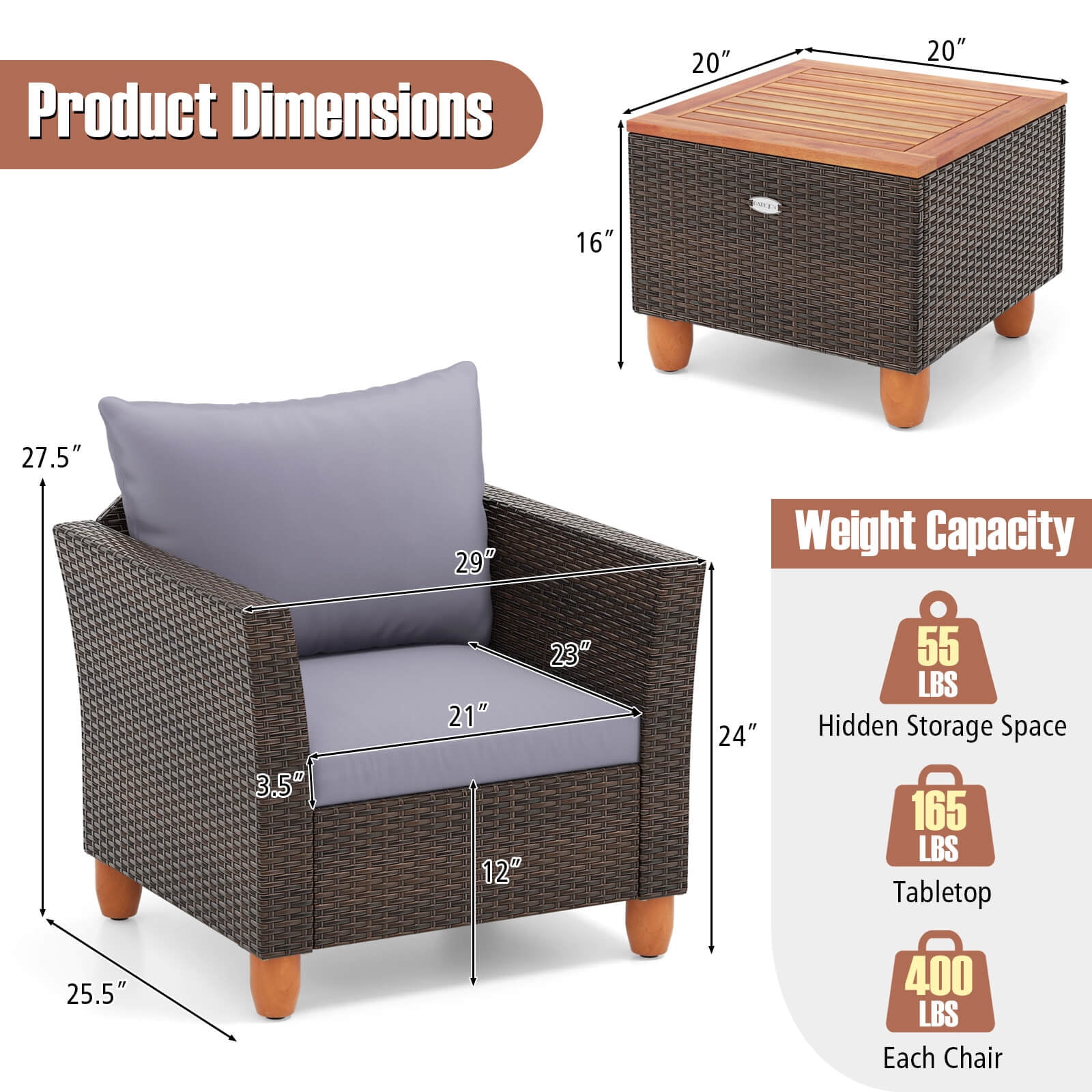 Costway 3 PCS Outdoor Patio Rattan Bistro Furniture Set Wooden Table Top Cushioned Sofa Gray