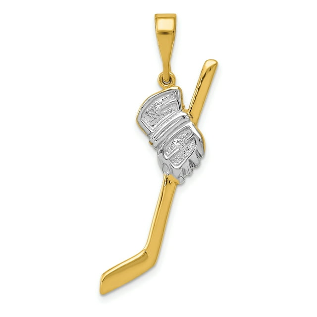 14k Yellow Gold Hockey Goalie Stick Puck Glove Necklace Charm Pendant Sport