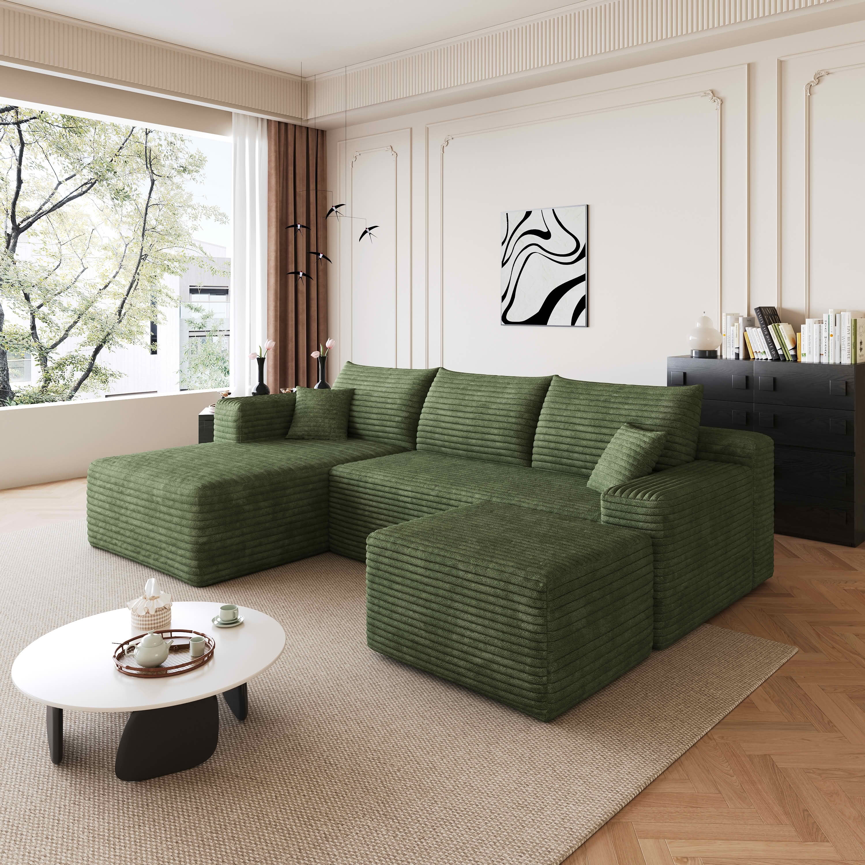 MAYEERTY 95 Inch U‑Shaped Cloud Sectional Sofa with 1 Ottoman, Modern Deep‑Seat Corner Couch, Plush Corduroy Reversible Sofa, No‑Assembly for Living Room Bedroom Apartment