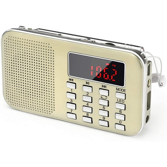 Mini Portable Radio FM Pocket Radio with LED Flashlight, Digital Radio Speaker Support Micro SD/TF Card/USB, Auto Scan Save, 600mAh Rechargeable Battery Operated