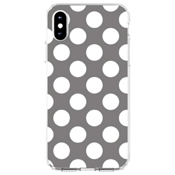 DistinctInk Clear Shockproof Hybrid Case for iPhone XS Max (6.5" Screen) - TPU Bumper, Acrylic Back, Tempered Glass Screen Protector - White & Grey Polka Dots