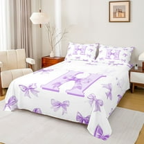 Homewish Cartoon Monogrammed H Twin Sheet Sets for Teens, Kawaii Princess Bow-tie Twin Fitted Sheet, Purple Letter Flat Sheet, Breathable Home Decor, 3-Piece