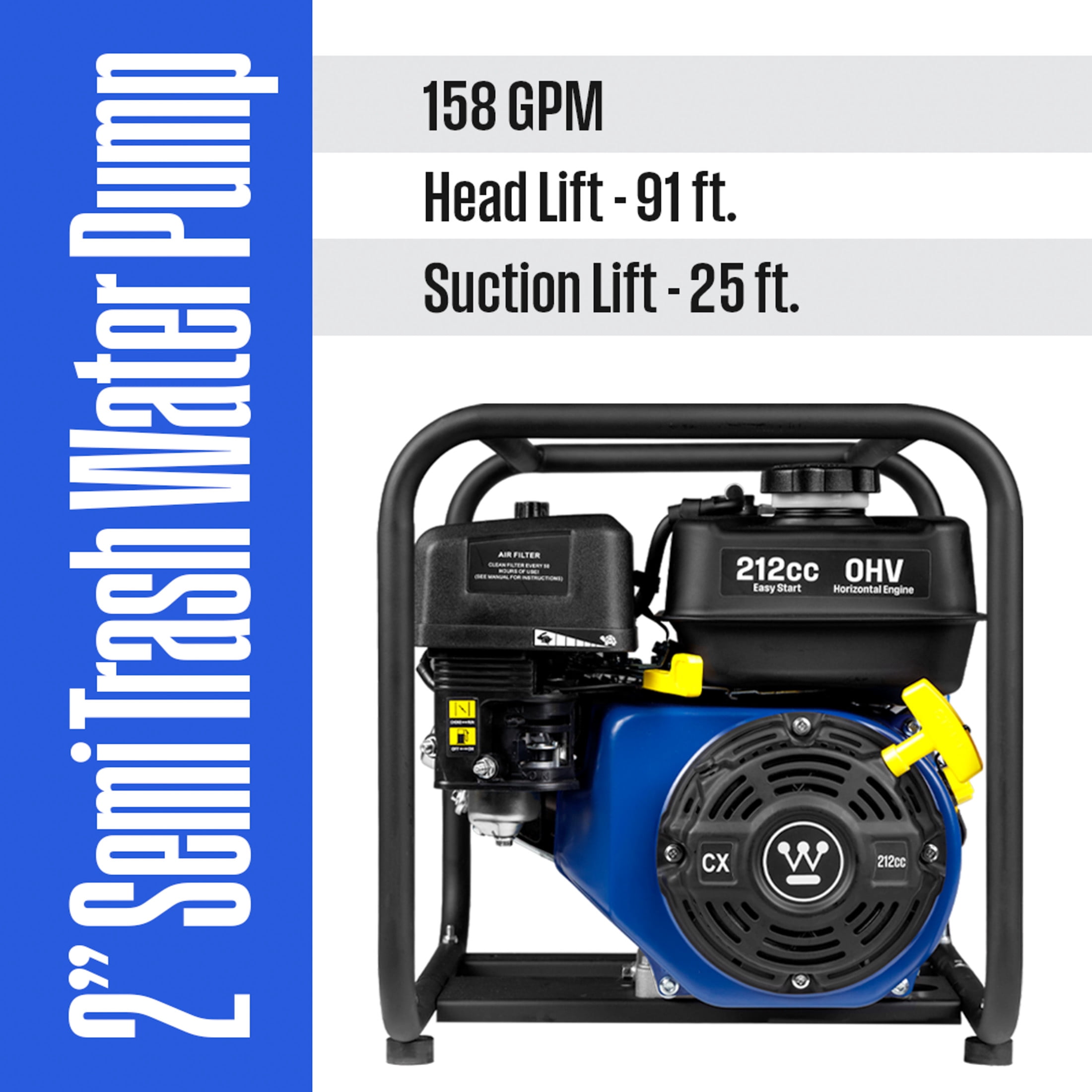 Westinghouse 2-inch Gas Powered Semi Trash Water Pump, 4-Stroke Engine, 158 GPM with Up to 91ft and 25ft Suction
