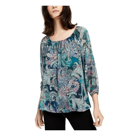 NY COLLECTION $44 Womens New Green Printed 3/4 Sleeve Top PS Petites B+B