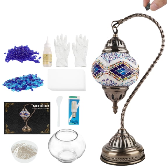 MEHOOM DIY Turkish Moroccan Lamp Making Kit, Mosaic Tiles Crafts Kit for Adults, Boho Decor Stained Glass Bedside Table Lamp, Unique Gift for Her or Him (Swan Neck Blue)