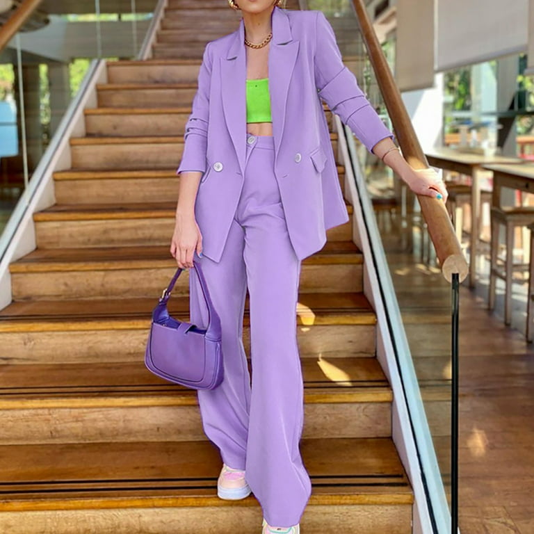 Women 2 Piece Outfits Suits Set Long Sleeve Button Blazer High Waisted  Pants Jumpsuit For Business Ladies Suit Purple L 