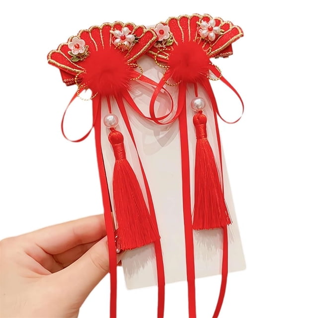 Diadema Hanfu estilo rojo para niños, horquilla antigua con borla, pinza para el cabello, accesorios para el cabello de Feliz Año Nuevo