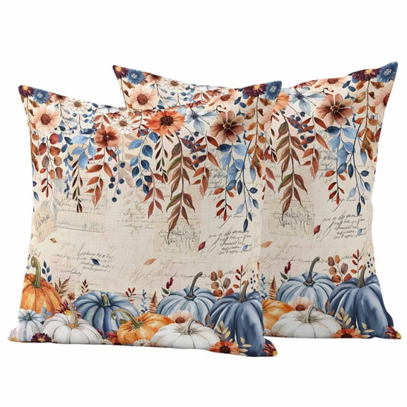 Fall Orange Blue Outdoor Waterproof Pillow Covers, Thanksgiving Floral Botanical Retro Decorative Square Throw Pillowcase Sofa Cushion Sham for Patio/Couch/Chair, 18"x18" 2 Pack