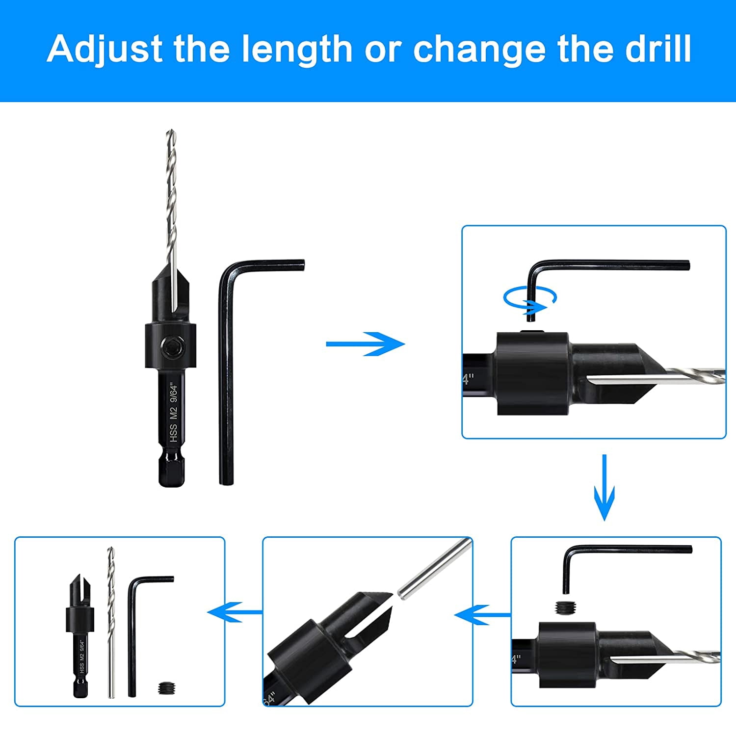 FRKSMD-7 Pcs M2 Countersink Drill Bit Set, 3in1 Wood Pilot Countersink Drill Bits for #4#6#8#10#12 Screws Holes, with Adjustable Depth Stop,Quick Release Hex Shank, 2-Allen Wrench