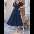 thumbnail image 4 of Vestido Midi Bohemio de Playa para Mujer, Informal, Ligero, de Verano, con Mangas , Escote en V y Cintura Elástica, con Bolsillos. Azul Marino S, 4 of 8