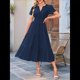 thumbnail image 4 of Vestido Midi Bohemio de Playa para Mujer, Informal, Ligero, de Verano, con Mangas , Escote en V y Cintura Elástica, con Bolsillos. Azul Marino L, 4 of 8