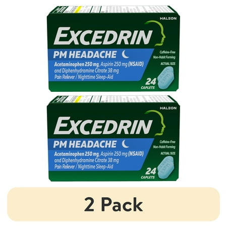 (2 pack) Excedrin Pm for Headache Relief, Acetaminophen 250Mg, Aspirin 250Mg, Diphenhydramine Citrate 38Mg, Pain Reliever, Nighttime Sleep-Aid, 24 Count