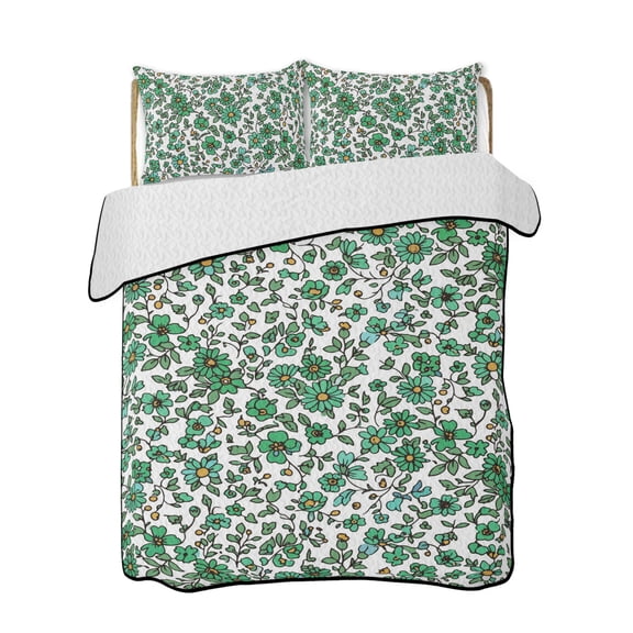 Sage Green Floral Quilts Bedding Set Queen Size Botanical Farmhouse Nature Lightweight Quilted Bedspread 3 Piece Bed Quilt with 2 Pillow Shams All Season for Bedroom 78" x 90"