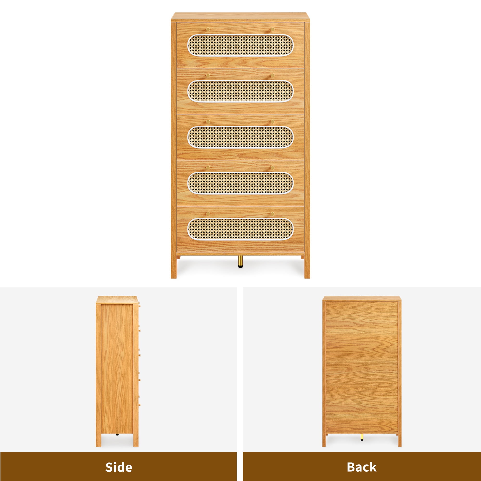 Uforic 5-Drawer Vertical Dresser, Wood Chest of Drawers Storage Cabinet, Natural