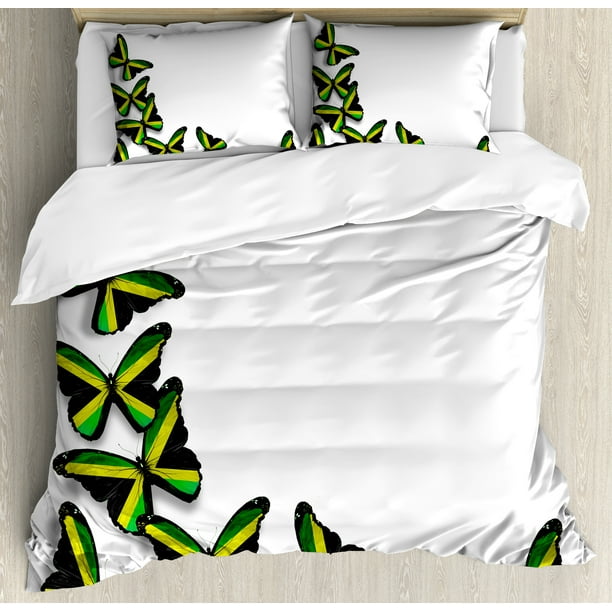 Jamaican Duvet Cover Set Buterflies Flag Motifs Caribbean Animal