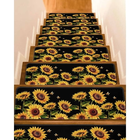 Sunflower Stair Treads for Wooden Steps Indoor Runner Rug Carpet Summer Bee Botanical Floral Black 15 Pieces Peel and Stick Staircase Step Treads Covers Washable Throw Door Mats 30 x8