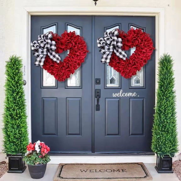 Red Heart Shaped Wreath Valentine's Day 15.7in Plaid Bowknot Front Door Artificial Garland for Home Farmhouse Indoor Outdoor
