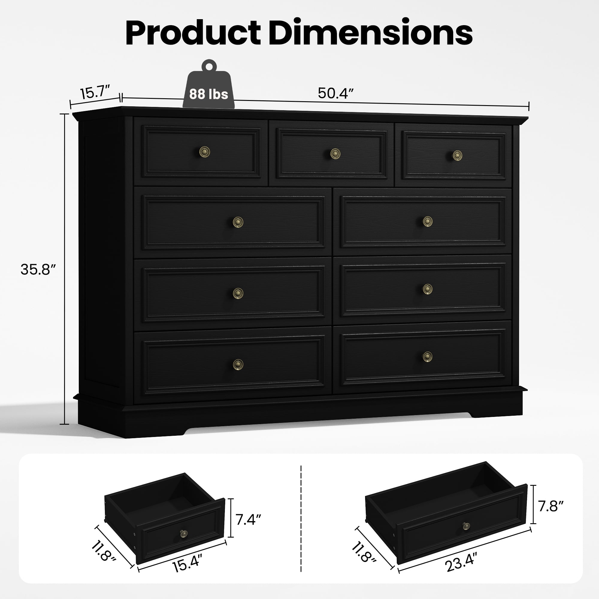 IDEALSOUL Black Dresser, 9 Drawer Dresser with Round Metal Handle, 47.2" Retro Wood Storage Cabinet with 6 large drawer and 2 Small drawer for Living Room, Bedroom, Hallway