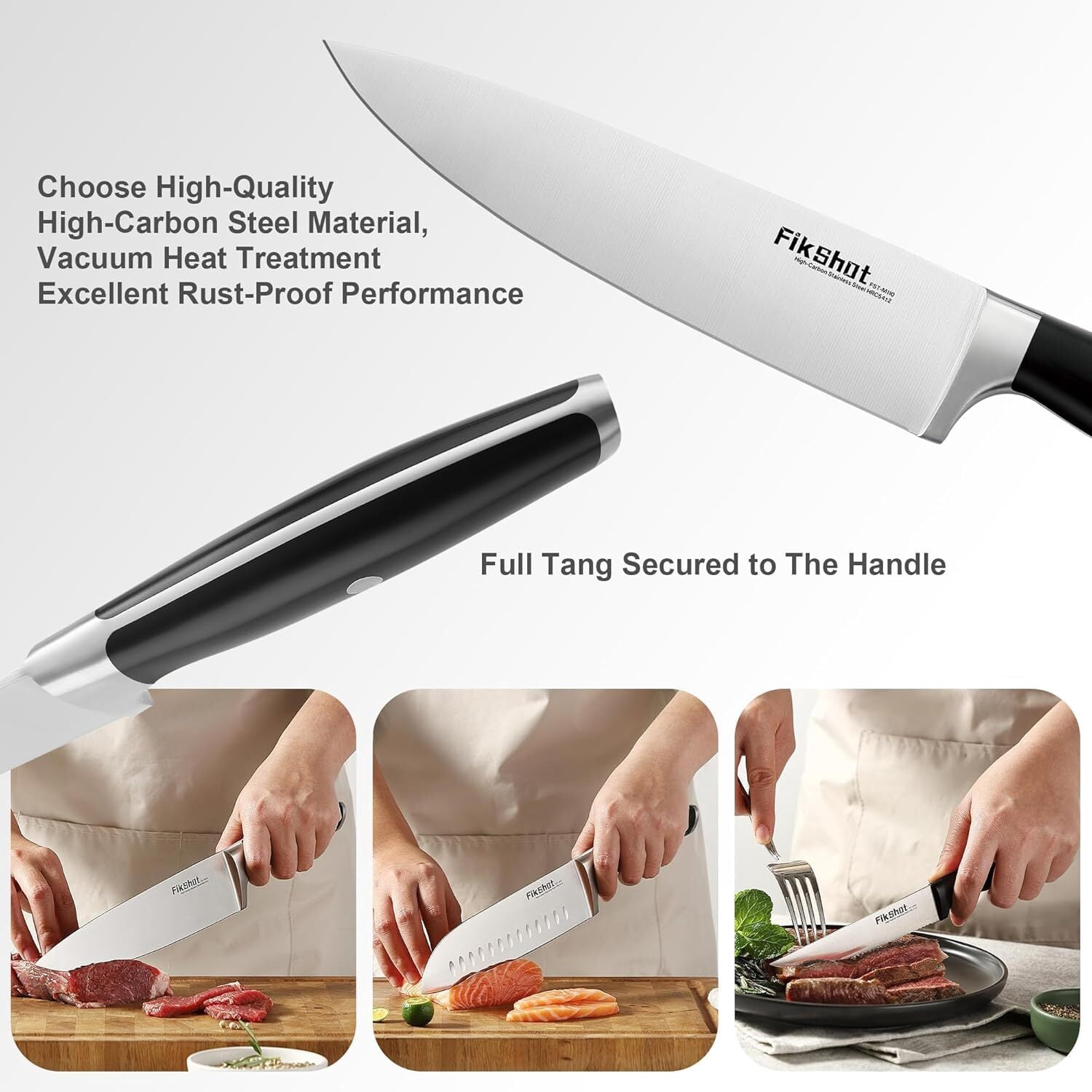 FIKSHOT 14-Piece Kitchen Knife Set with Built-in Sharpener, Professional White Stainless Steel Chef Knives, Dishwasher Safe