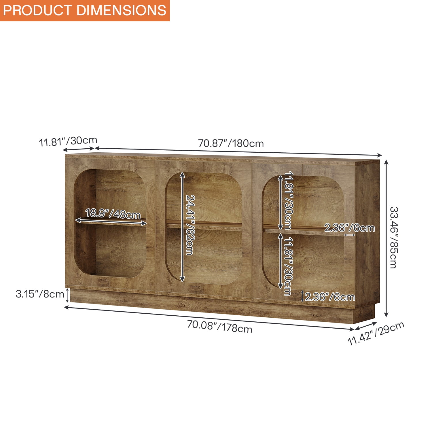 Demi Bonn 70" Bohemian Wood Sideboard, Multi Compartment Living Room Storage Cabinet, Home Decor Display Console, Brown